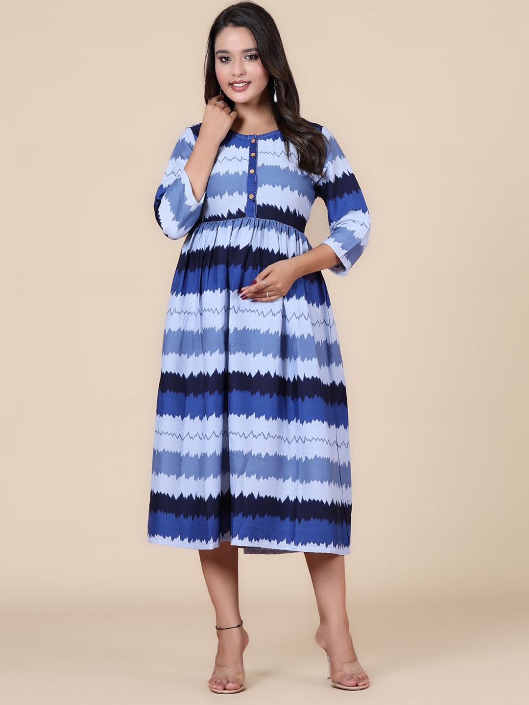 

HERE&NOW Women Geometric Printed A-Line Midi Dress, Blue