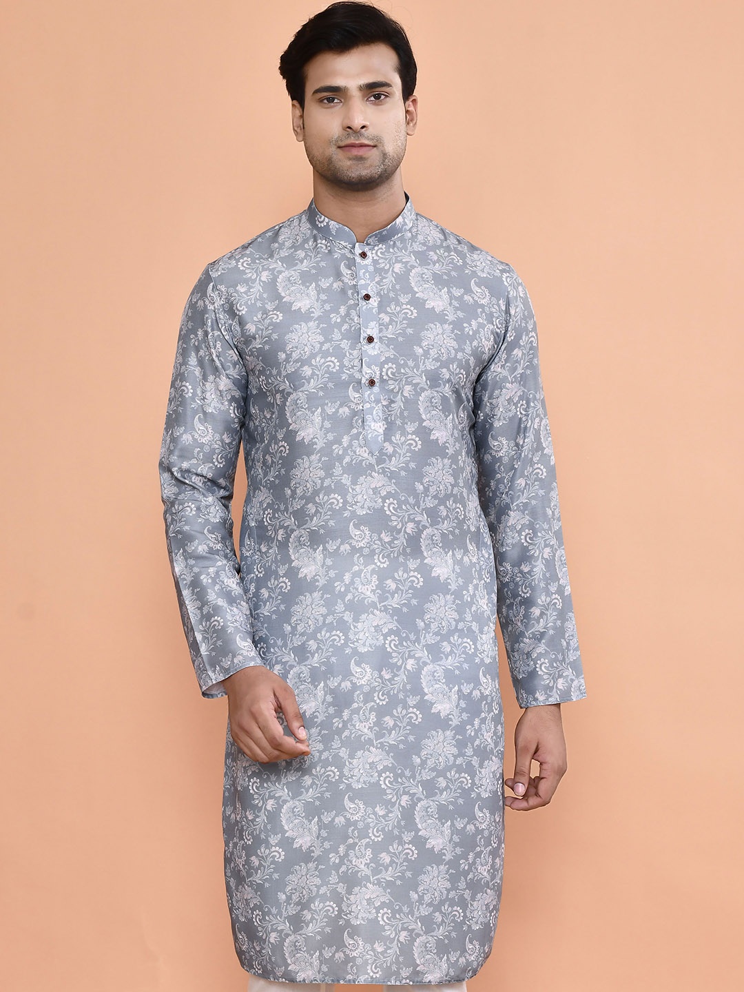

MAAHI FABS Men Floral Printed Thread Work Kurta, Grey