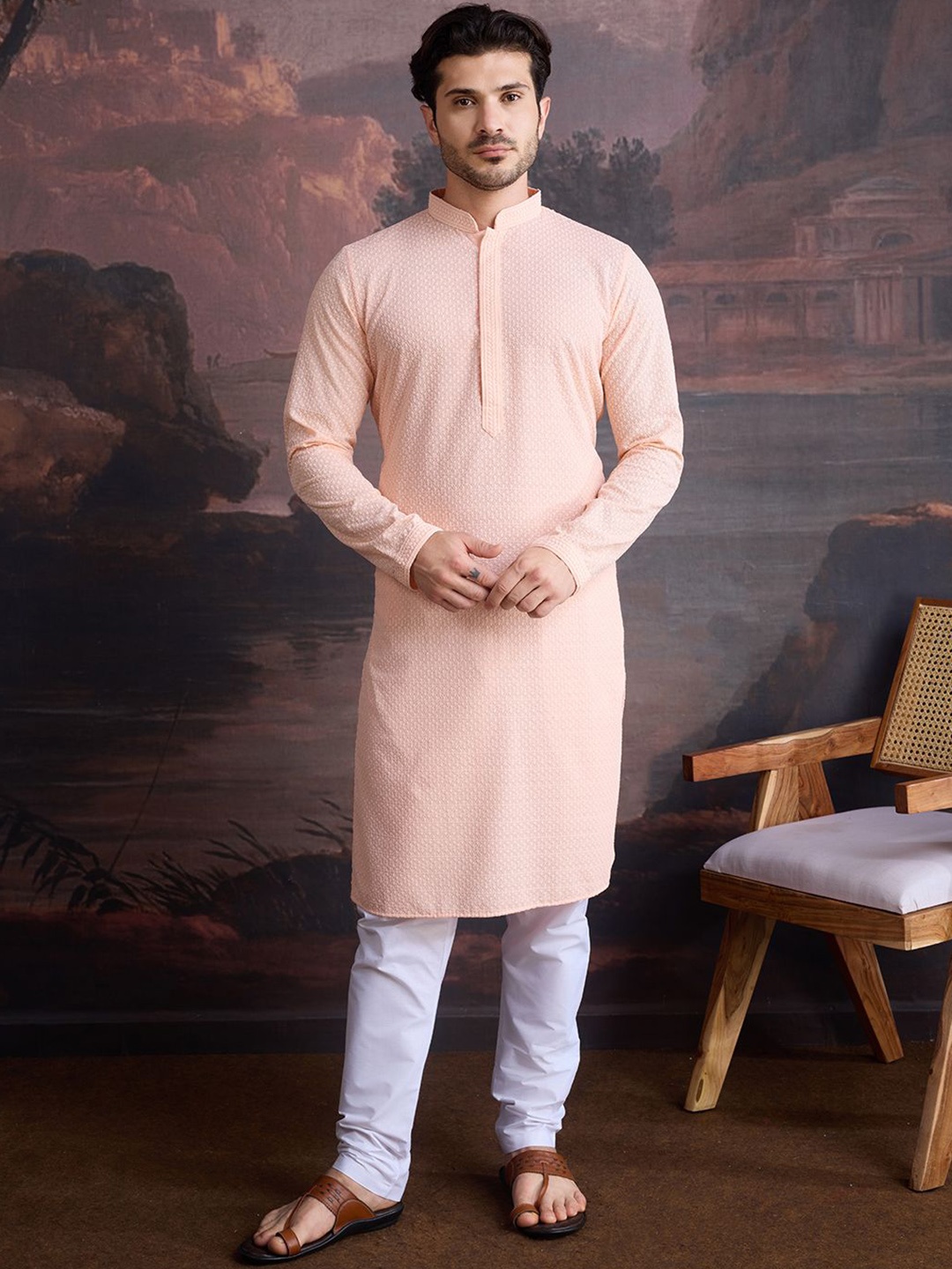 

House of Pataudi Floral Embroidered Mandarin Collar Chikankari Straight Kurta With Pyjamas, Peach