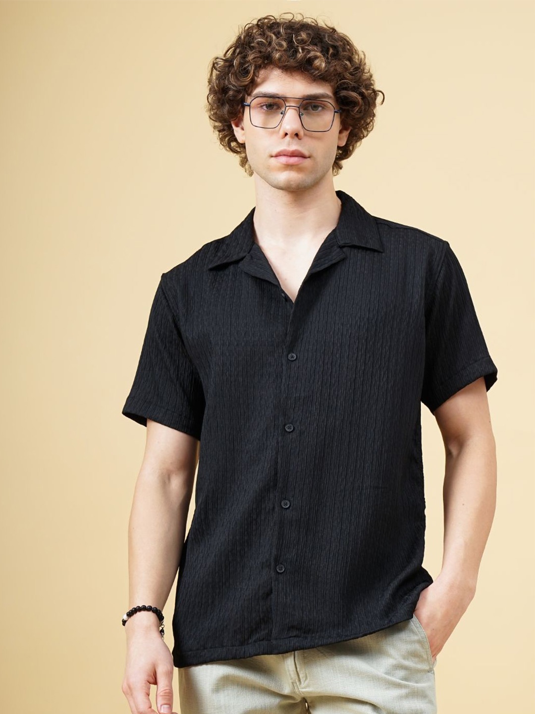

PAUL STREET Men Club Cuban Collar Textured Slim Fit Casual Shirt, Black