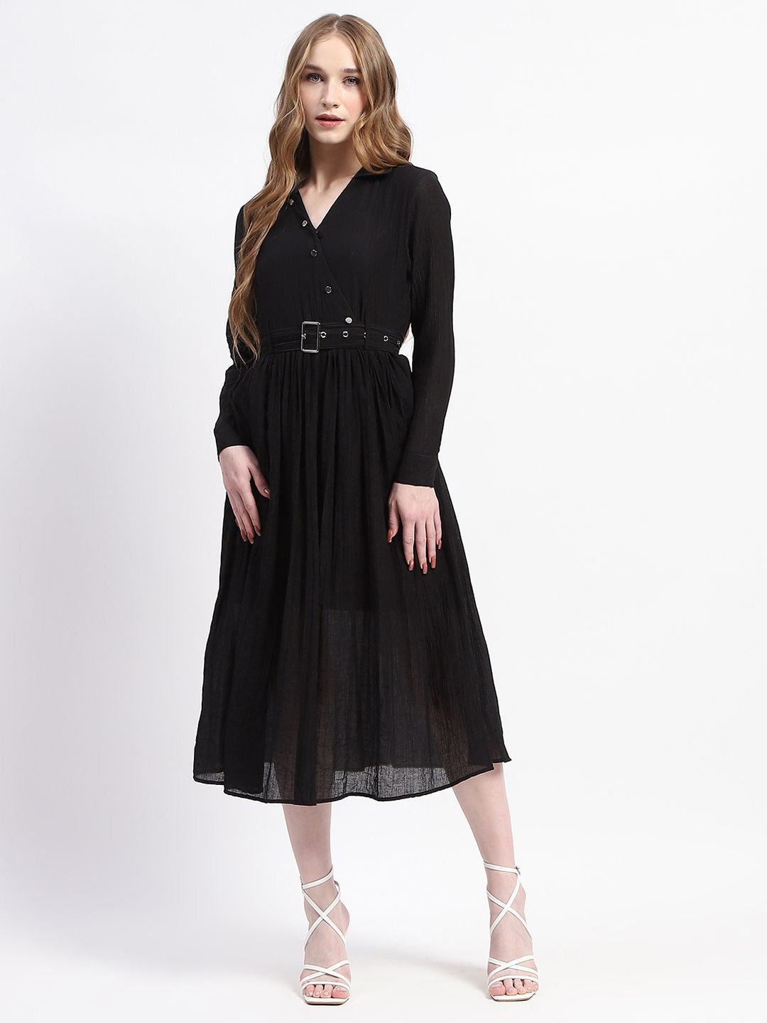 

Madame Shirt Collar Fit & Flare Midi Dress Comes with a belt, Black