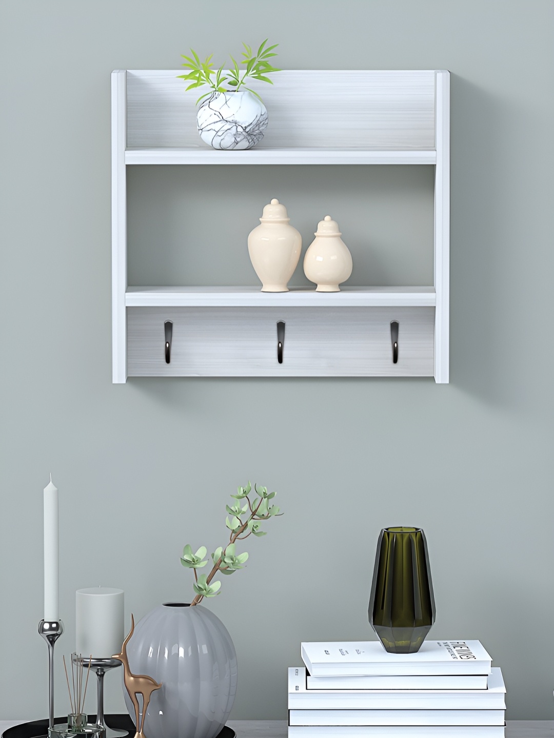 

RANDOM White Engineered Wood Pocket Wall Shelf with Key-Holders