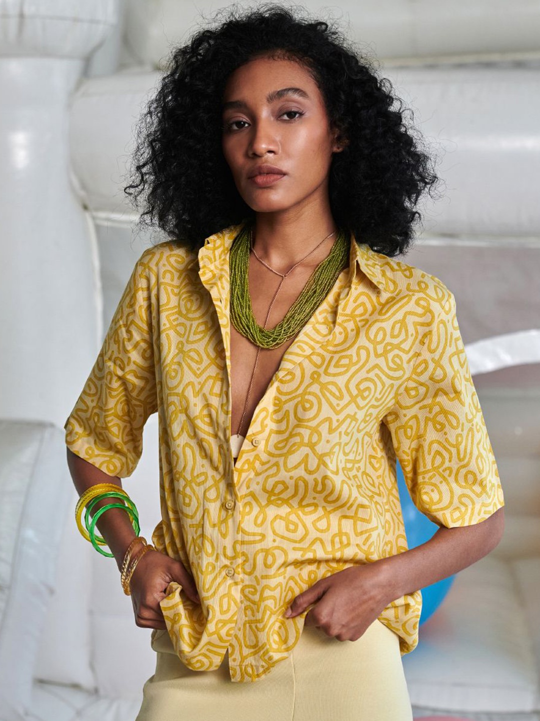 

Midsummer Women Spread Collar Abstract Printed Cotton Relaxed Fit Casual Shirt, Yellow