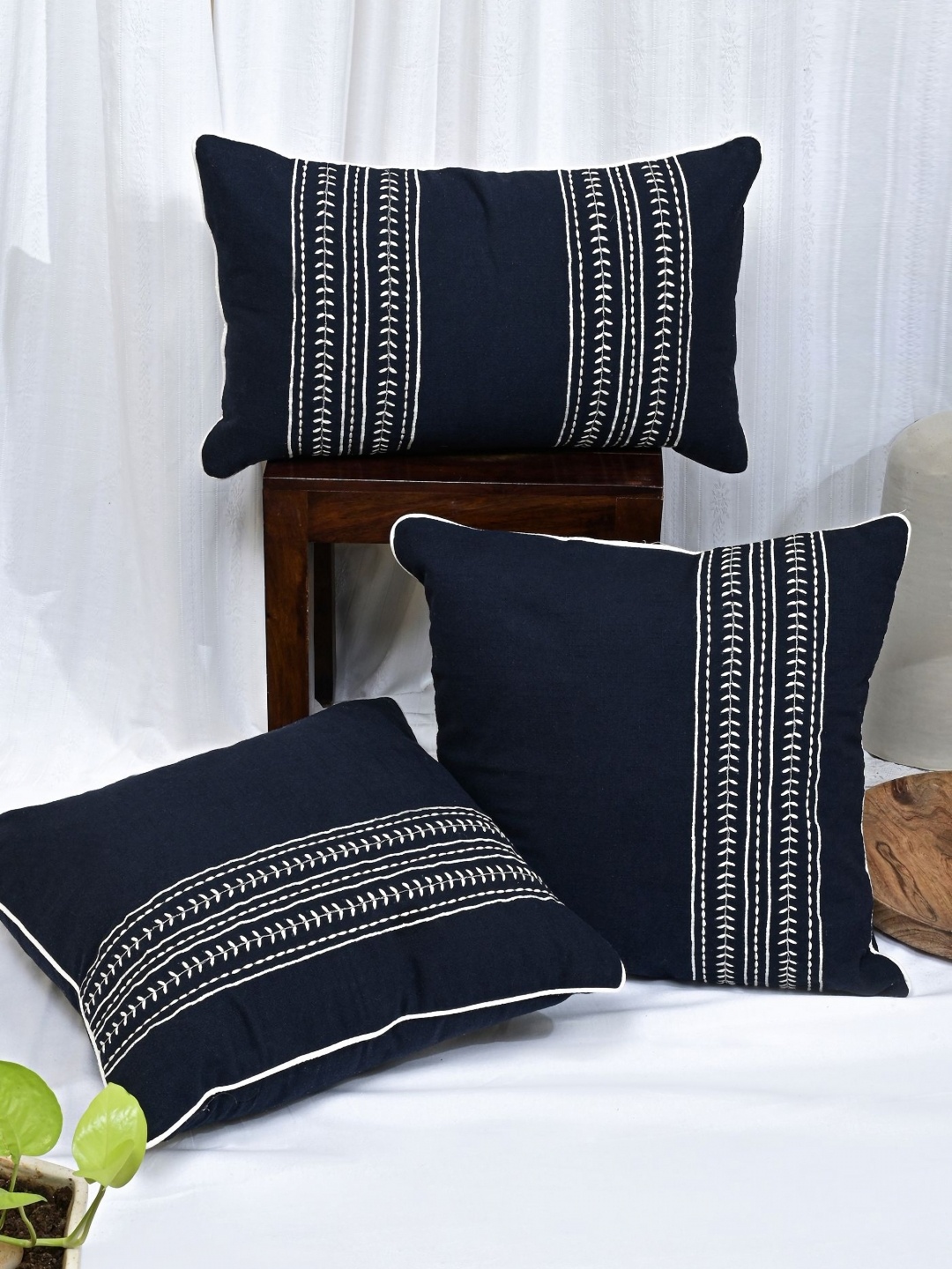

ANWYN Blue & White 3 Pieces Embroidered Cotton Cushion Covers