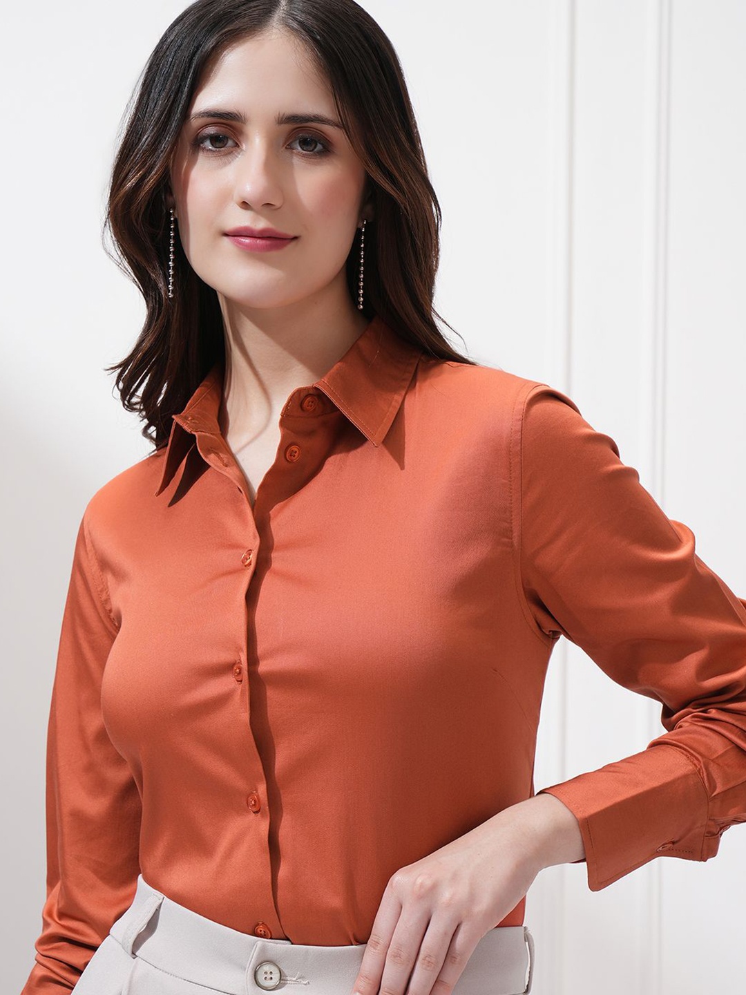 

Tokyo Talkies Women Solid Buttondown Satin Shirt, Rust