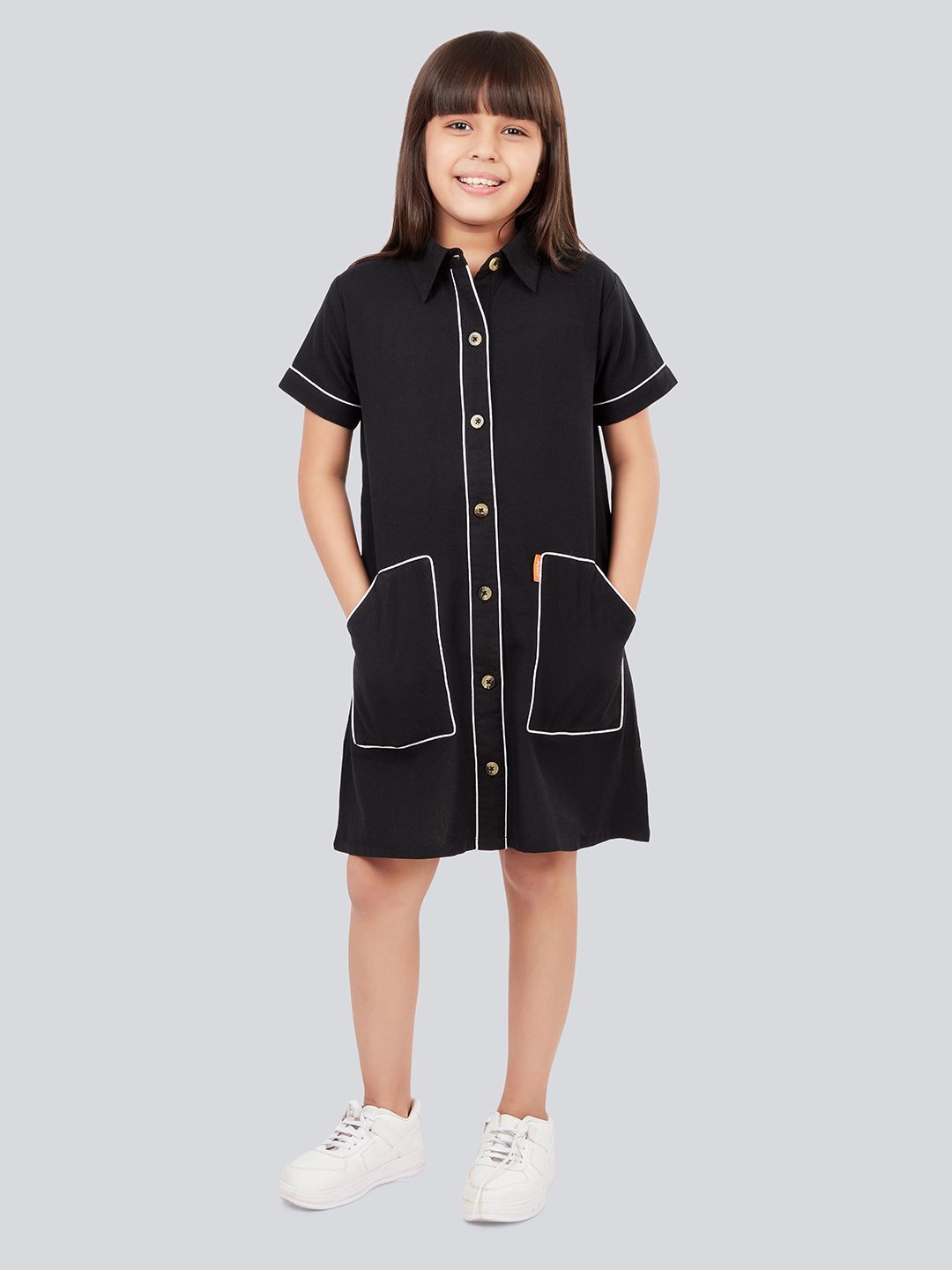 

Olele Girls Pure Cotton Shirt Collar Solid Piping Shirt Dress, Black