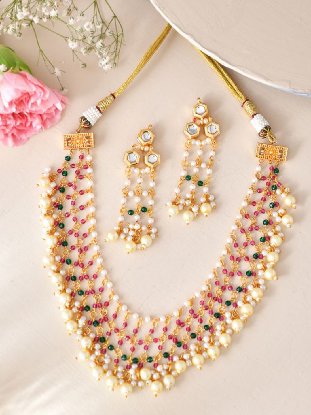 

DASTOOR Gold-Plated Stone-Studded & Beaded Jewellery Set
