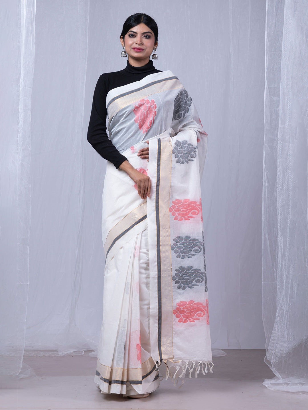 

Unnati Silks Ethnic Motifs Printed Pure Cotton Chettinad Saree, White