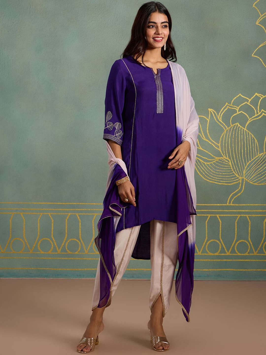 

Likha Floral Embroidered Zari Pure Silk A Line Kurta with Pyjamas & Dupatta, Purple