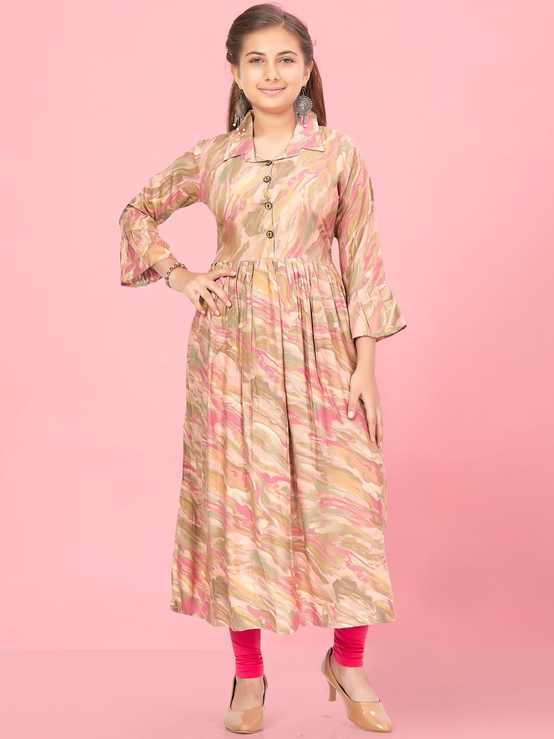 

BAESD Girls Embroidered Flared Sleeves Anarkali Kurta, Pink