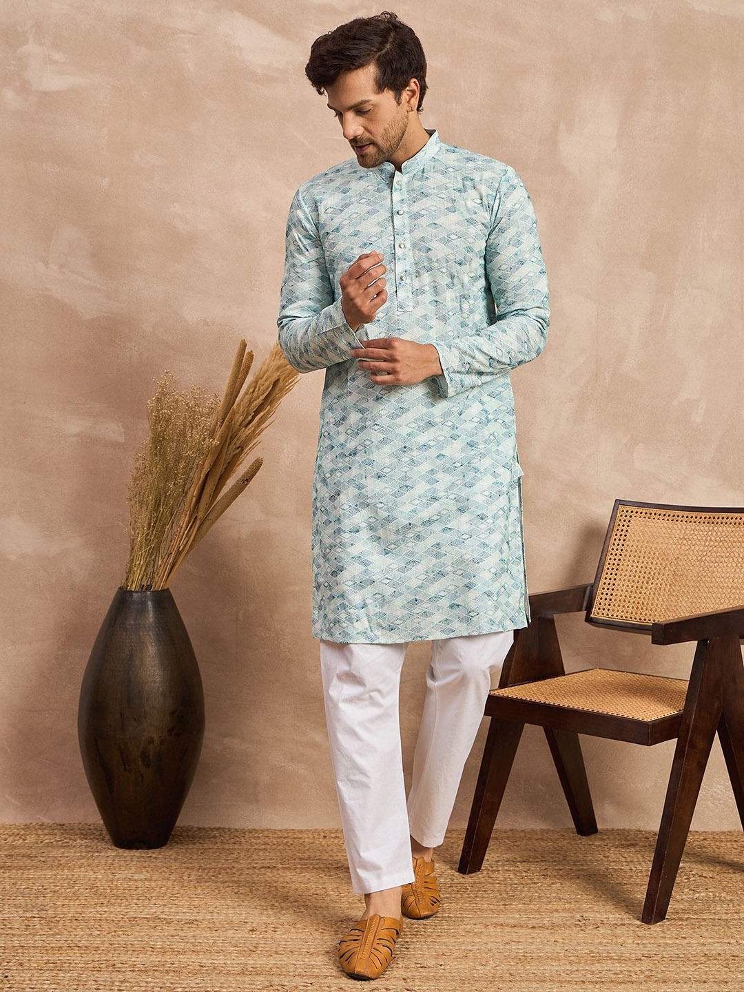 

House of Pataudi Printed Straight Kurtas, Teal