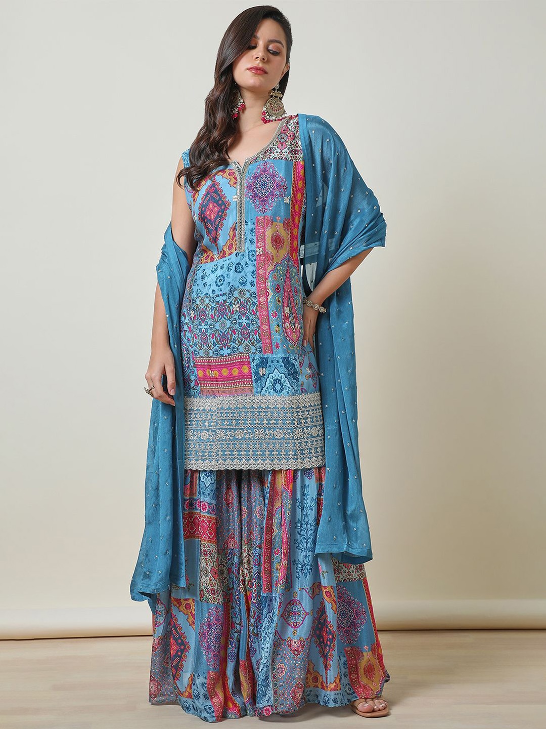

Soch Blue Ethnic Motifs Printed Zari Straight Kurta With Sharara & Dupatta