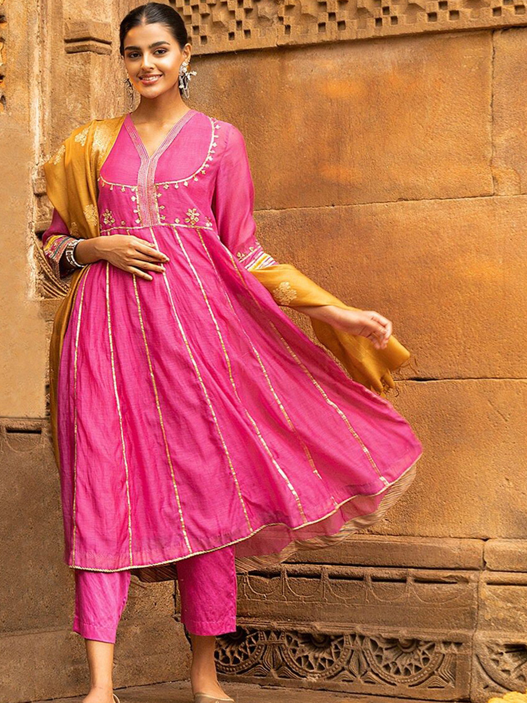 

JAYPORE Embroidered Gotta Patti Chanderi Silk Anarkali Kurta with Trousers, Fuchsia