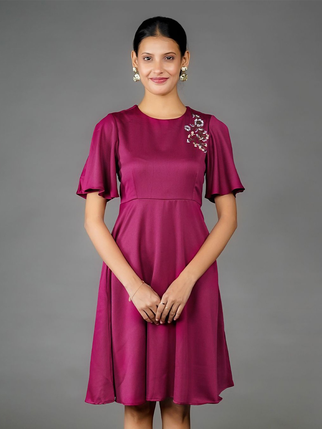 

Zink London Floral Embroidered Flared Sleeve A-Line Dress, Maroon
