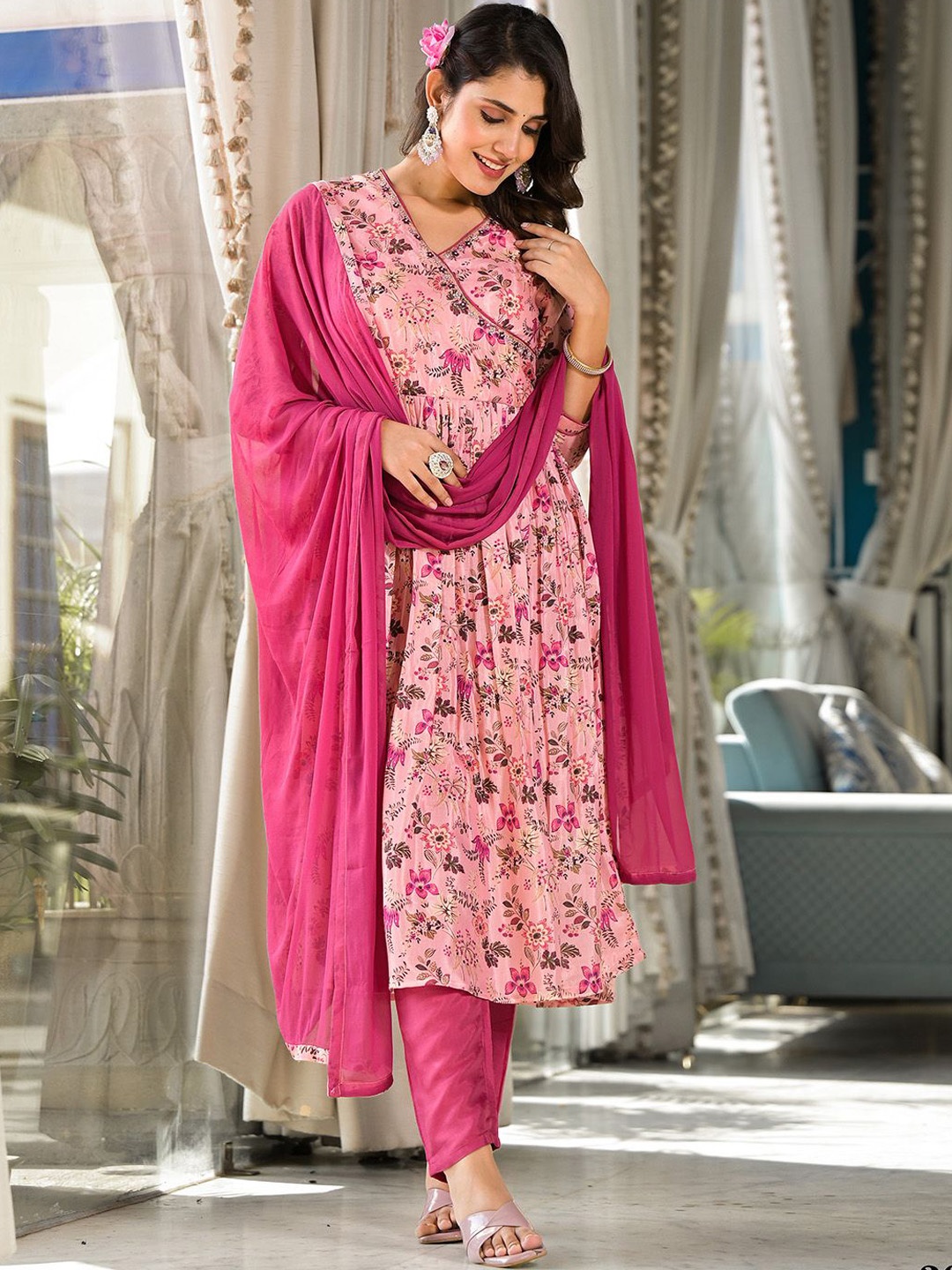 

Ishin Floral Printed Pleated Beads and Stones Kurta with Trousers & Dupatta, Pink