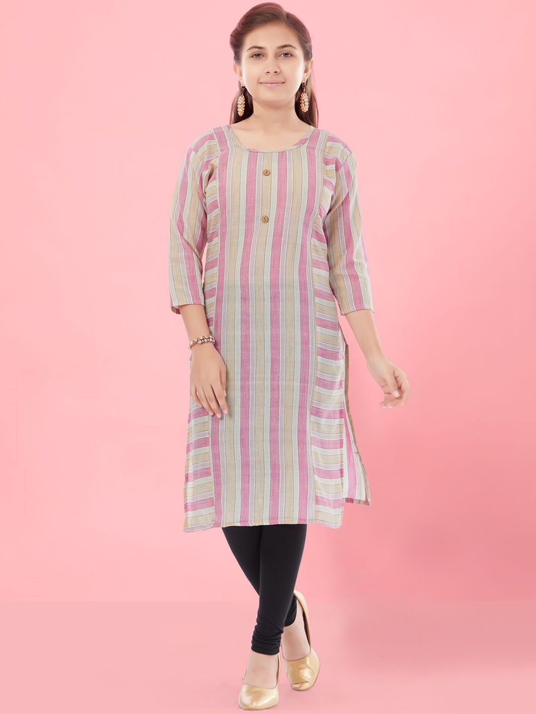 

BAESD Girls Striped Flared Sleeves Thread Work Kurta, Pink