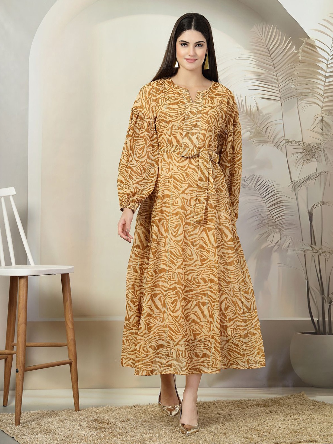 

plusS Abstract Printed Round Neck A-line Maxi Dress, Mustard