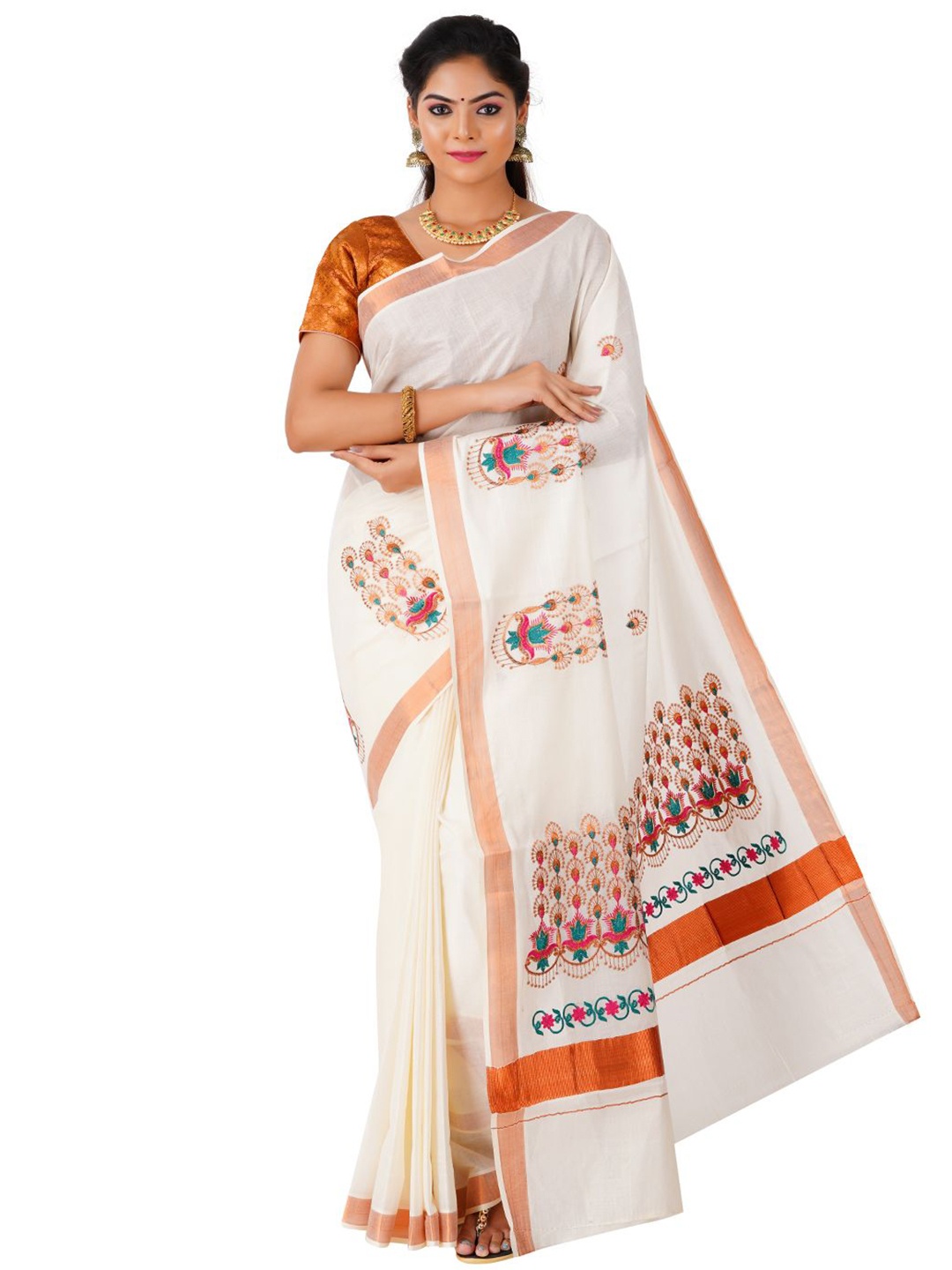 

Rst R Selvamani Tex Ethnic Motifs Embroidered Zari Pure Cotton Kasavu Saree, Off white