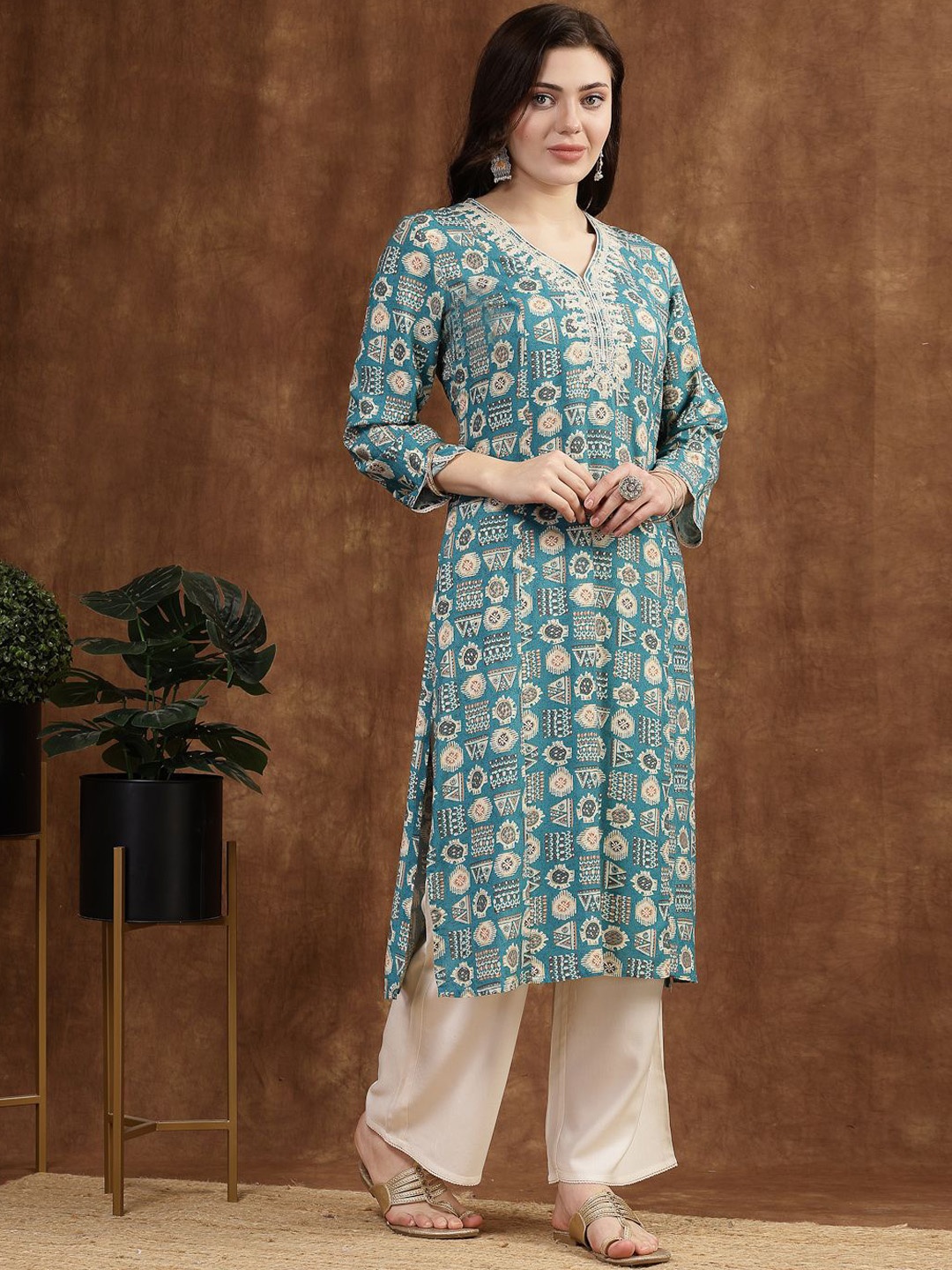 

Nayam By Lakshita Ethnic Motifs Printed Thread Work V-Neck Cotton Straight Kurta, Turquoise blue