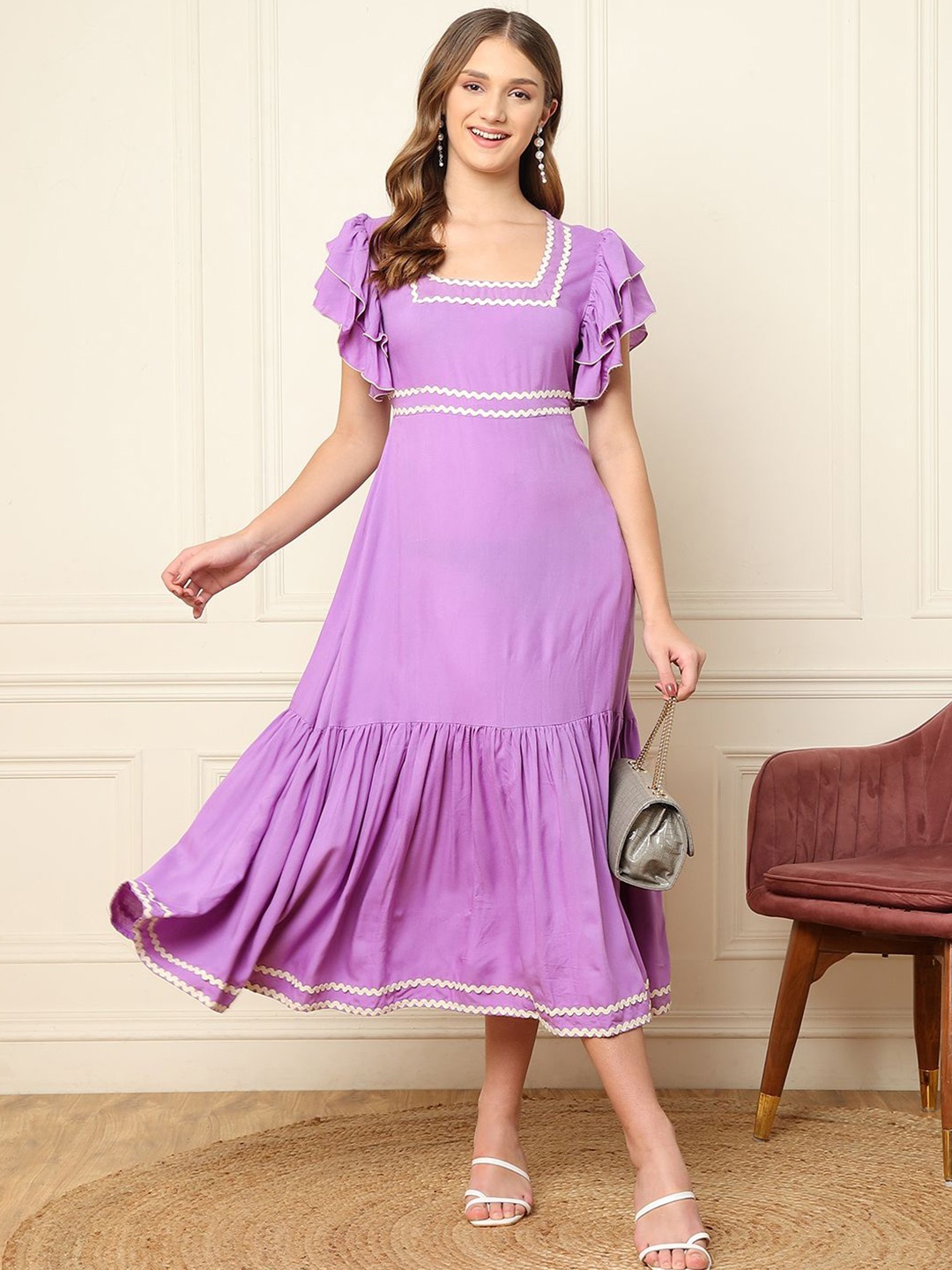 

DEEBACO Women Flutter Sleeves Square Neck Fit & Flare Dress, Lavender