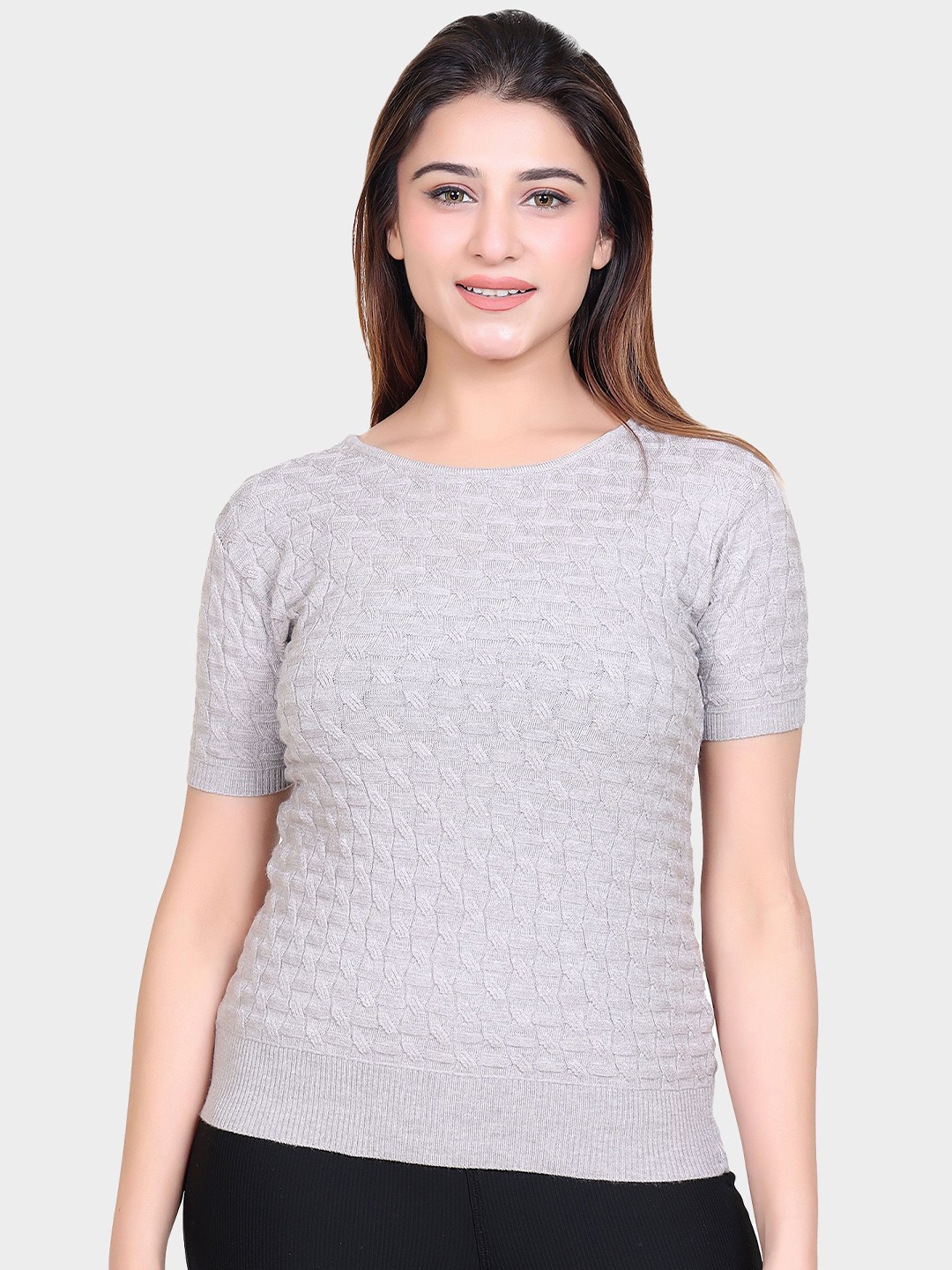 

LEZA Women Self Design Round Neck Cotton Top, Grey