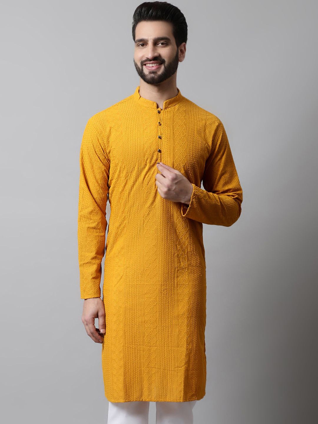 

Jompers Men Woven Design Embroidered Cotton Kurta, Yellow