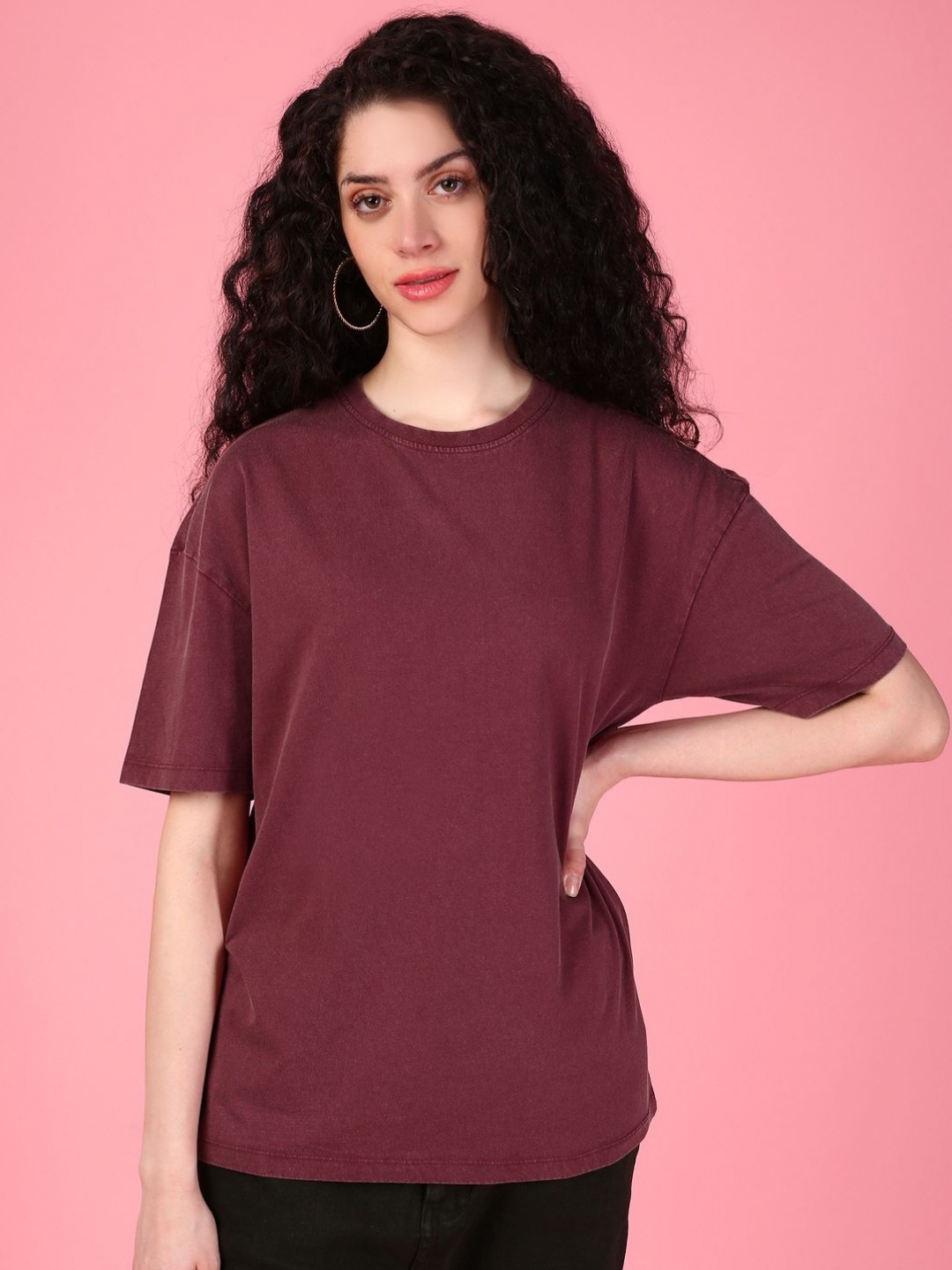 

DressBerry Women Solid Round Neck Cotton Boxy T-shirt, Maroon