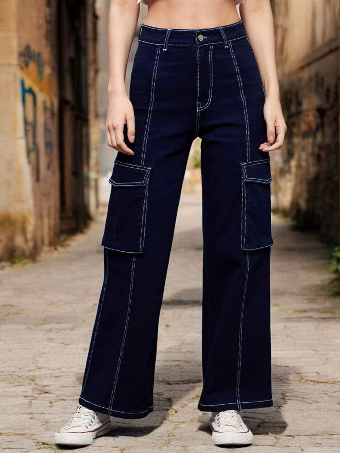 

Miss Chase Women Wide Leg High-Rise Stretchable Jeans, Blue