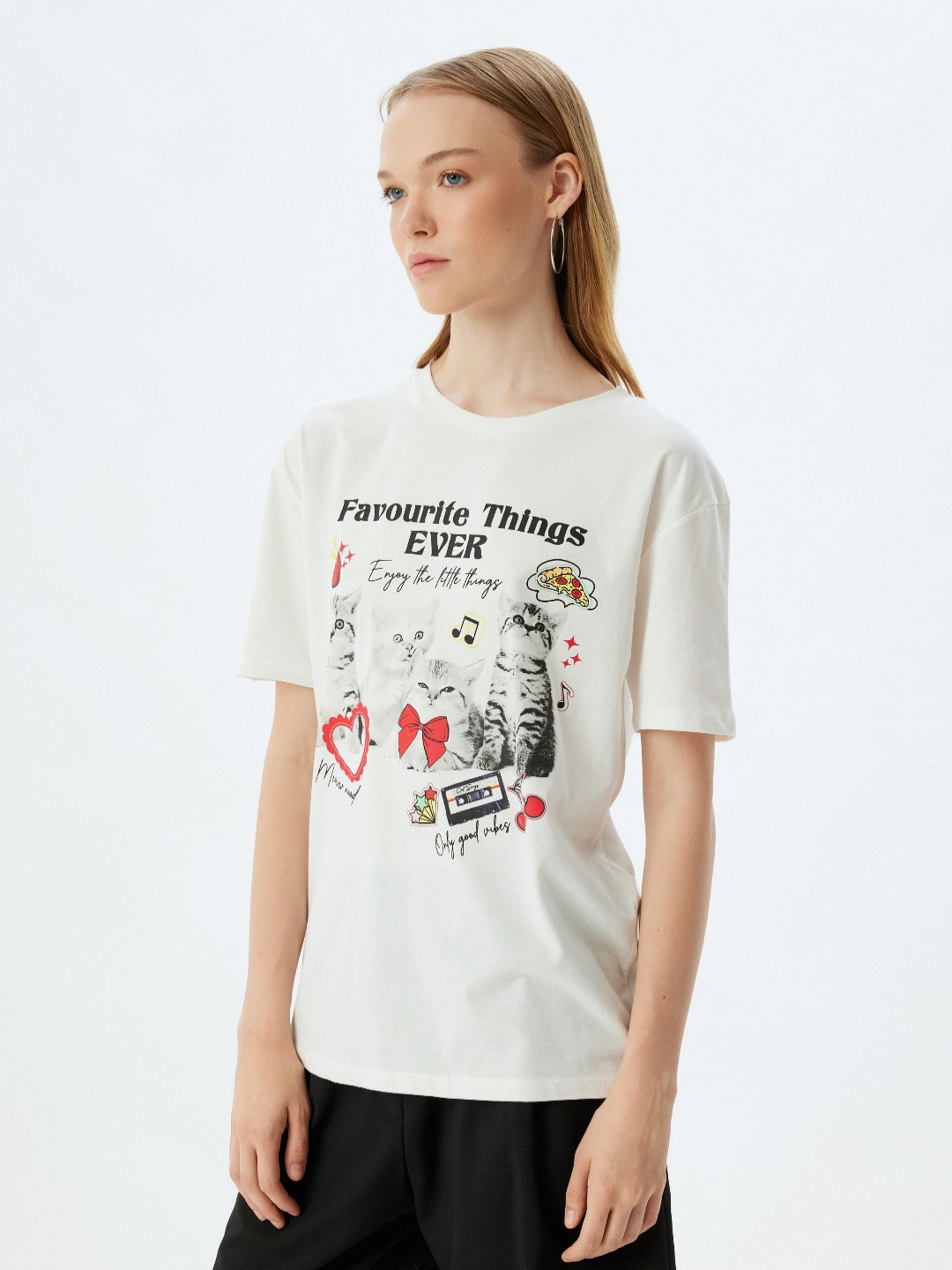 

Koton Women Typography Printed Round Neck Cotton Oversized T-shirt, White