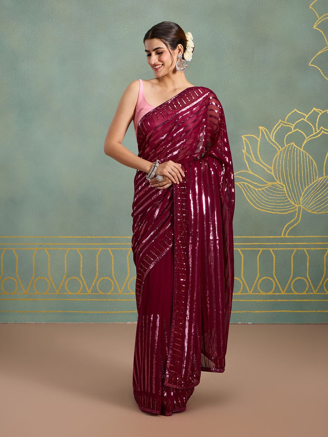 

Likha Embellished Sequinned Pure Georgette Saree, Maroon