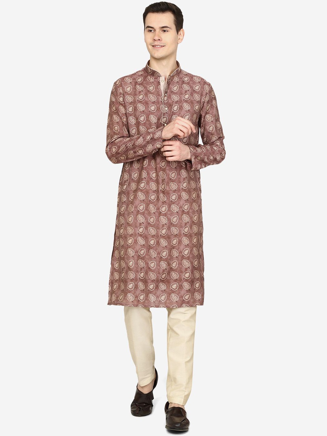 

THE KURTA COMPANY Men Ethnic Motifs Printed Thread Work Kurta, Brown