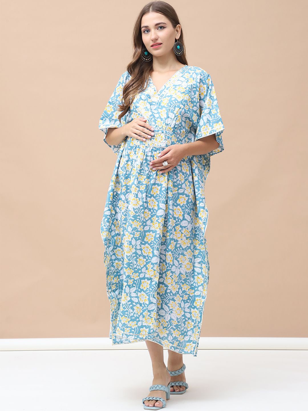 

Secret Wish Women Floral Print Maternity Kaftan Midi Dress, Blue