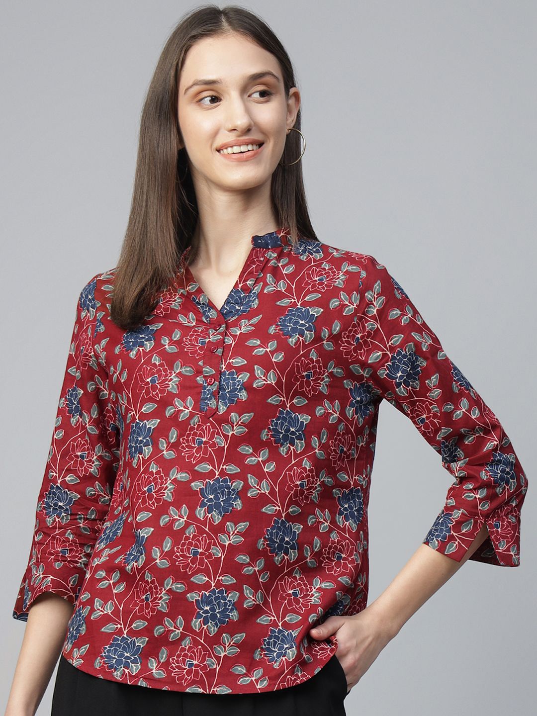 

Hancock Women Floral Printed Mandarin Collar Pure Cotton Top, Maroon