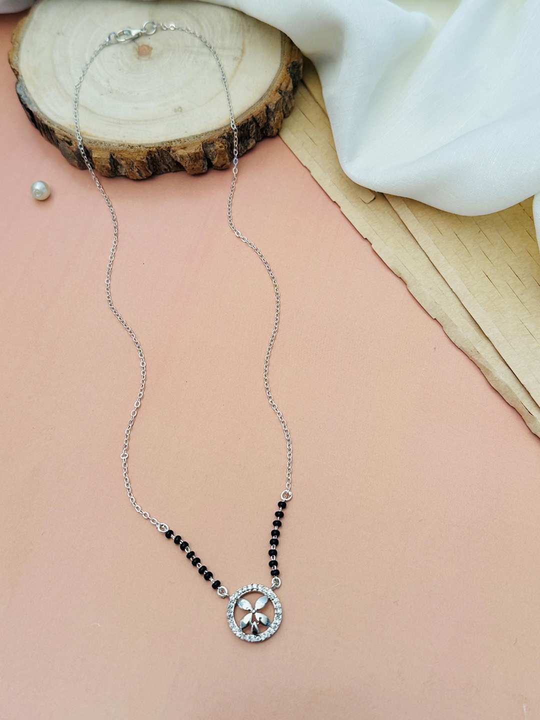 

ABDESIGNS Silver Plated American Diamond Studded & Beaded Mangalsutra