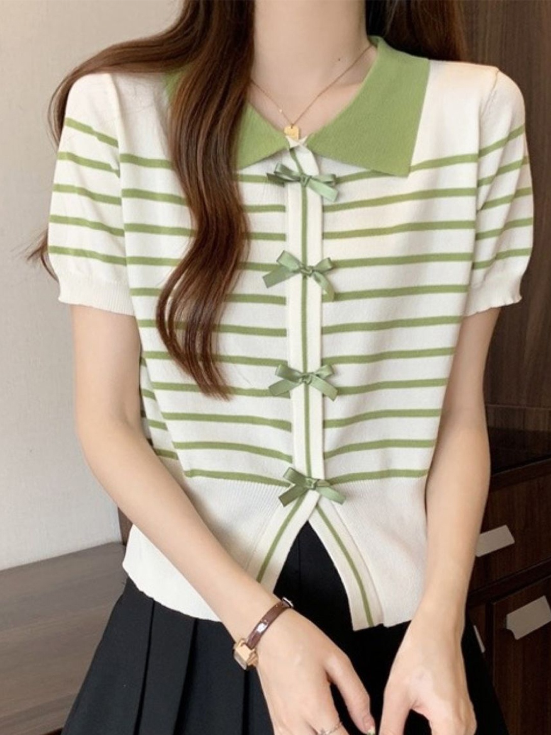 

StyleCast Women Horizontal Striped Shirt Collar Top, White