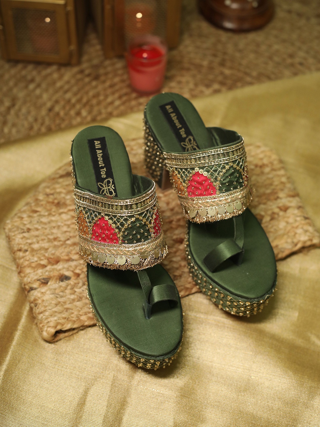 

ALL ABOUT TOE Suede Block Woven Design Western - Embellished Mules, Green