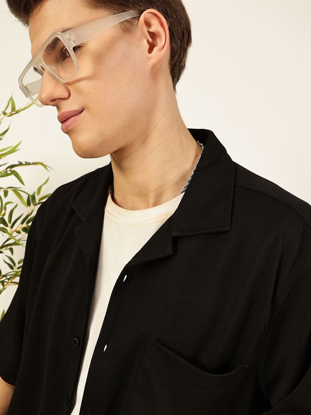 

Thomas Scott Men Premium Cuban Collar Textured Cotton Casual Shirt, Black