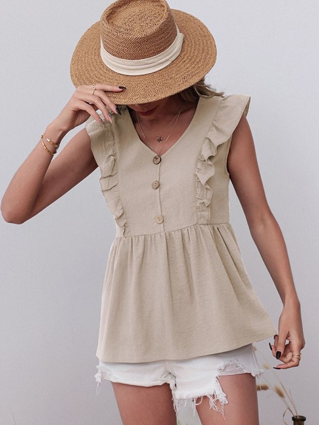 

StyleCast Women Solid V-Neck Top, Beige