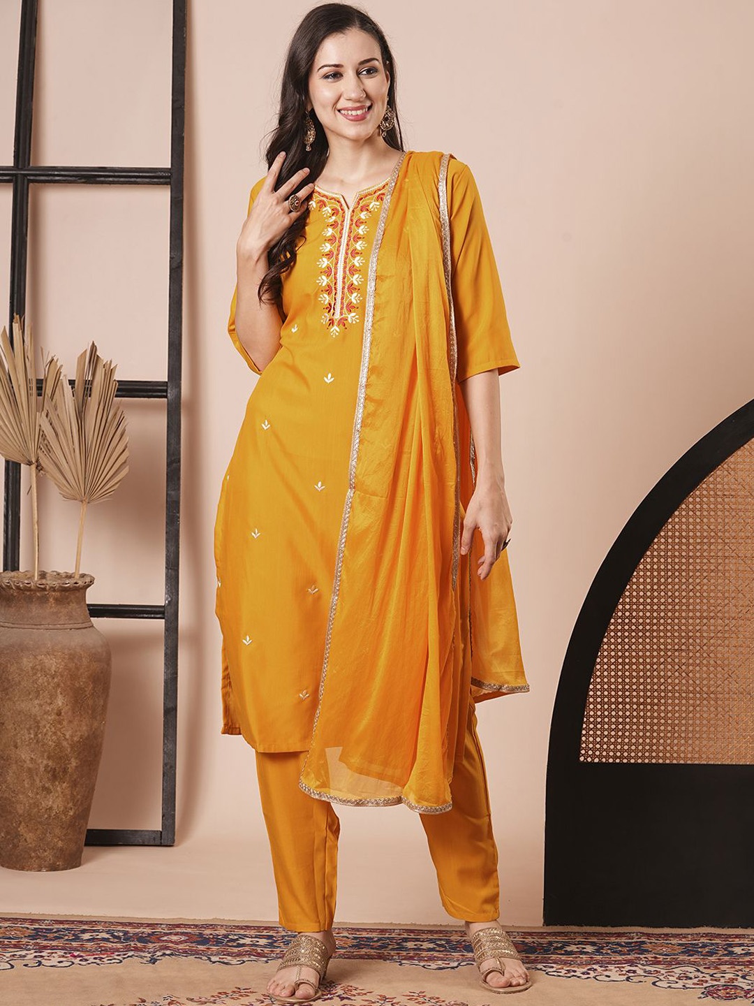 

KAYOMMI Ethnic Motifs Embroidered Thread Work Straight Kurta with Pyjamas & With Dupatta, Yellow