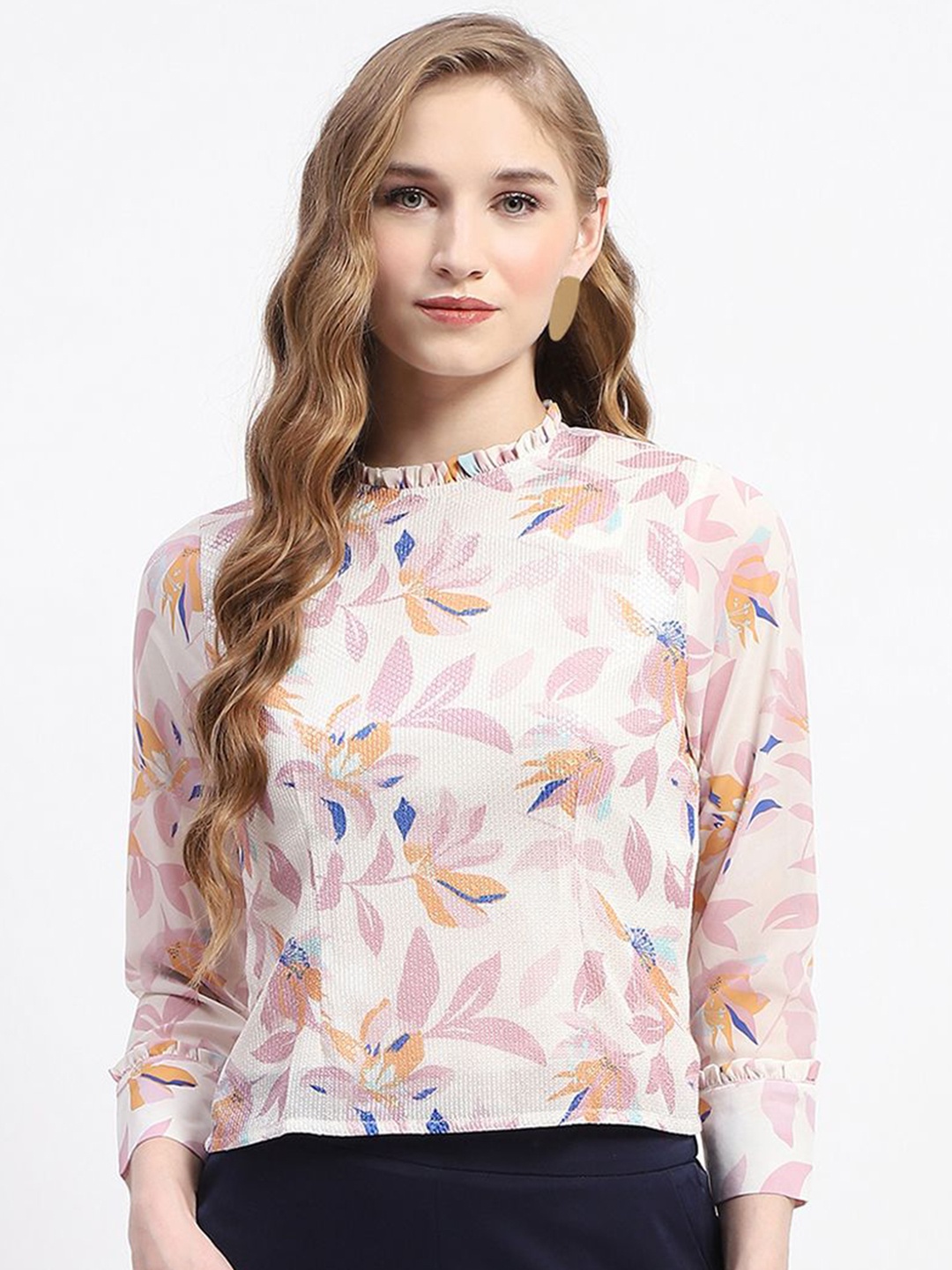 

Madame Women Floral Printed High Neck Top, Off white