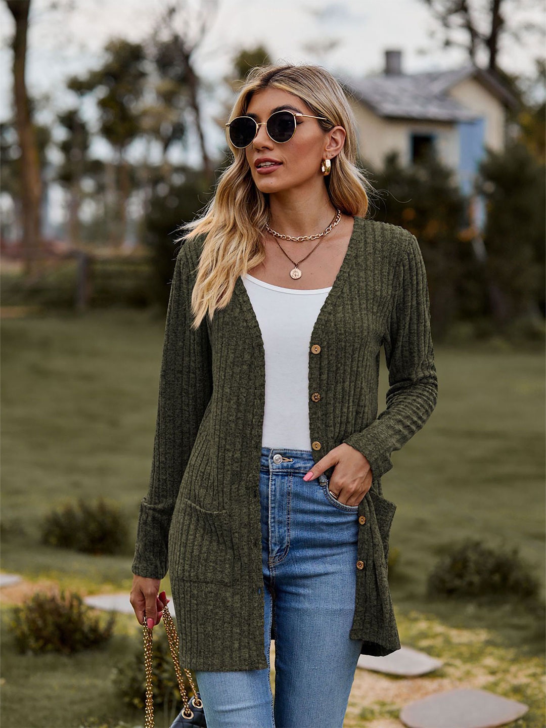 

StyleCast x Revolte Women Striped Longline Cardigan, Olive