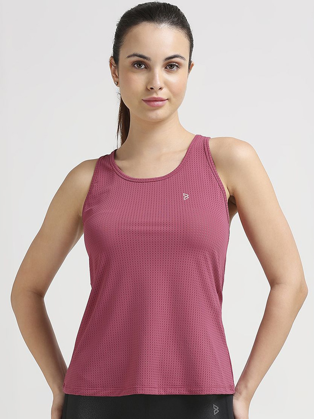 

BODD ACTIVE Women Self Design Scoop Neck Nylon Top, Pink