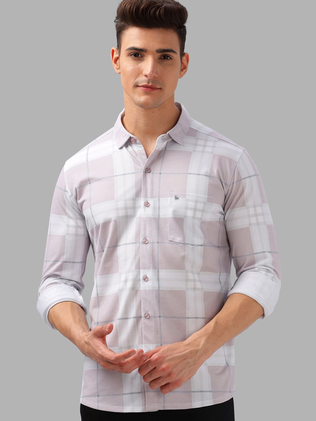 

BULLMER Men Spread Collar Checked Cotton Casual Shirt, Lavender