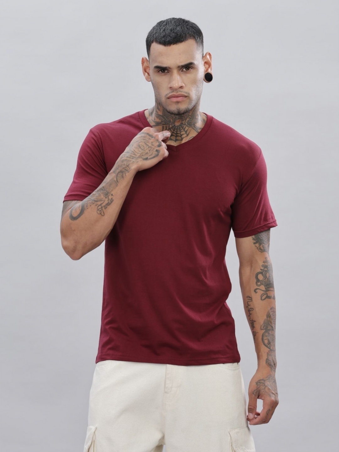 

ADRO Men Solid V-Neck Cotton T-shirt, Maroon