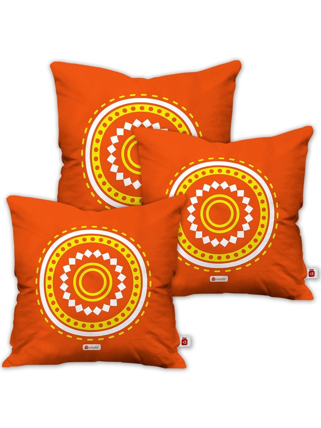 

Indigifts Orange Colored & White Geometric Printed Satin Square Cushion Covers