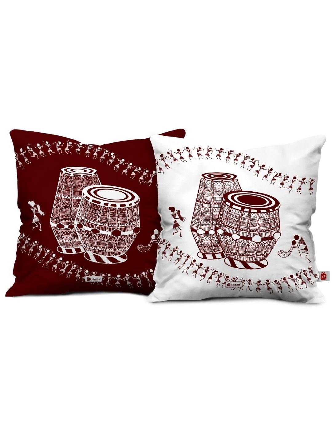 

Indigifts White & Maroon 2 Pieces Ethnic Motifs Printed Satin Square Cushion Covers