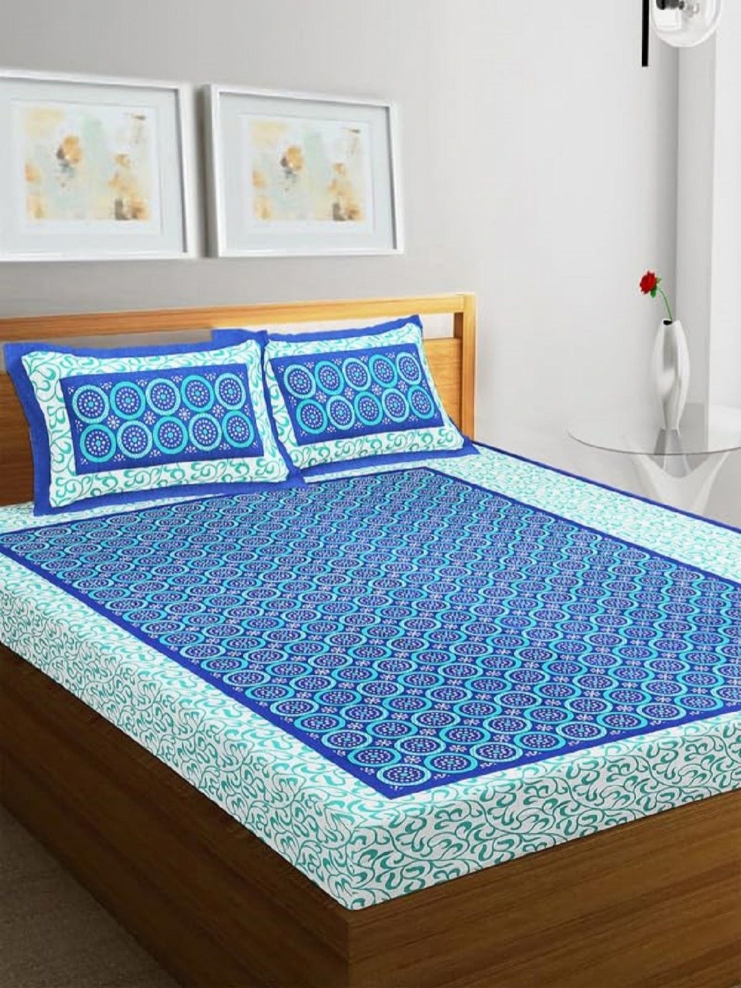 

AYAT COLLECTION Blue Geometric 144 TC Cotton Queen Bedsheet with 2 Pillow Covers