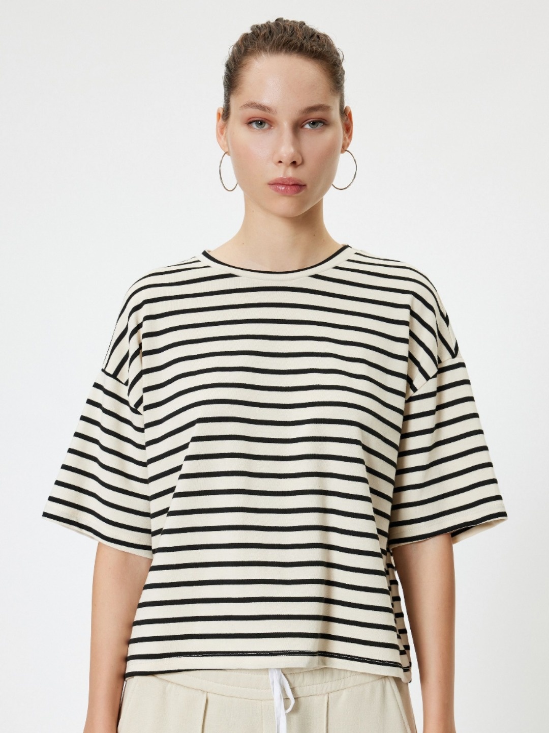 

Koton Women Striped Round Neck Cotton T-shirt, Cream