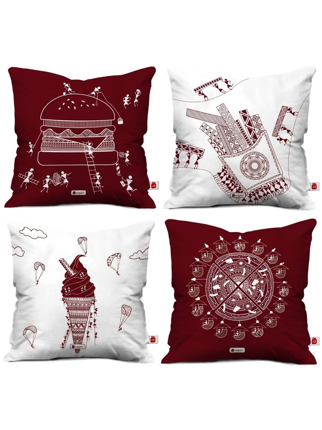 

Indigifts Maroon & White 4 Pieces Ethnic Motifs Printed Square Cushion Covers