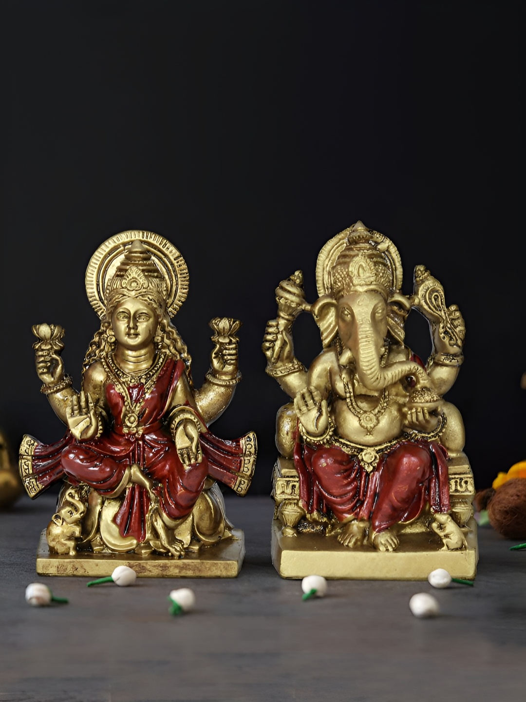 

TIED RIBBONS Gold Toned & Red 2 Pieces Lord Ganesha & Laxmi Religious Idol Showpieces